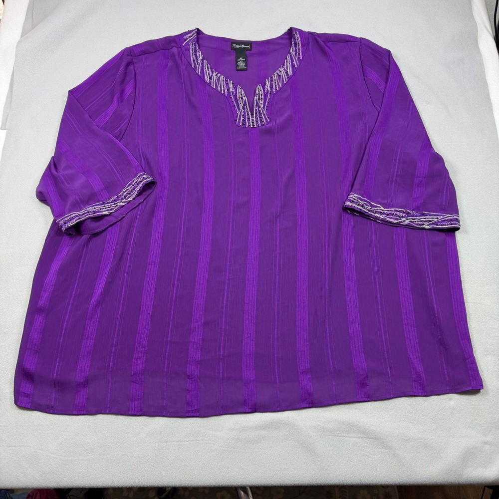 Maggie Barnes Purple Beaded Split Neck Blouse Plus Size 5X 34/36W Stripe Top